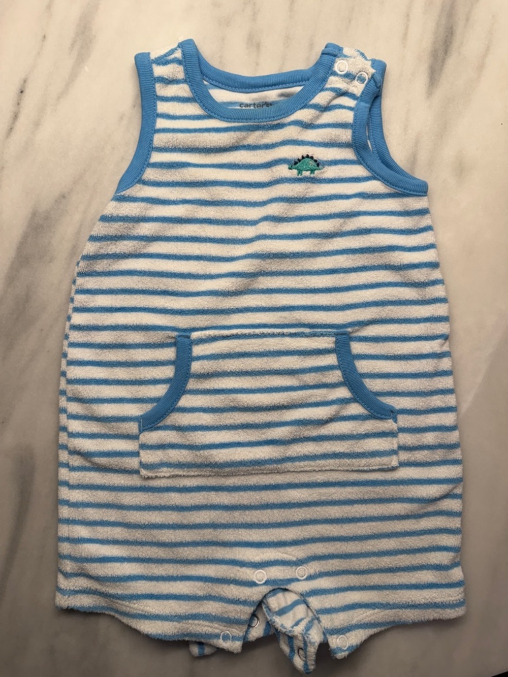 Carter's Blue and White Striped Terry Romper with Dino Patch